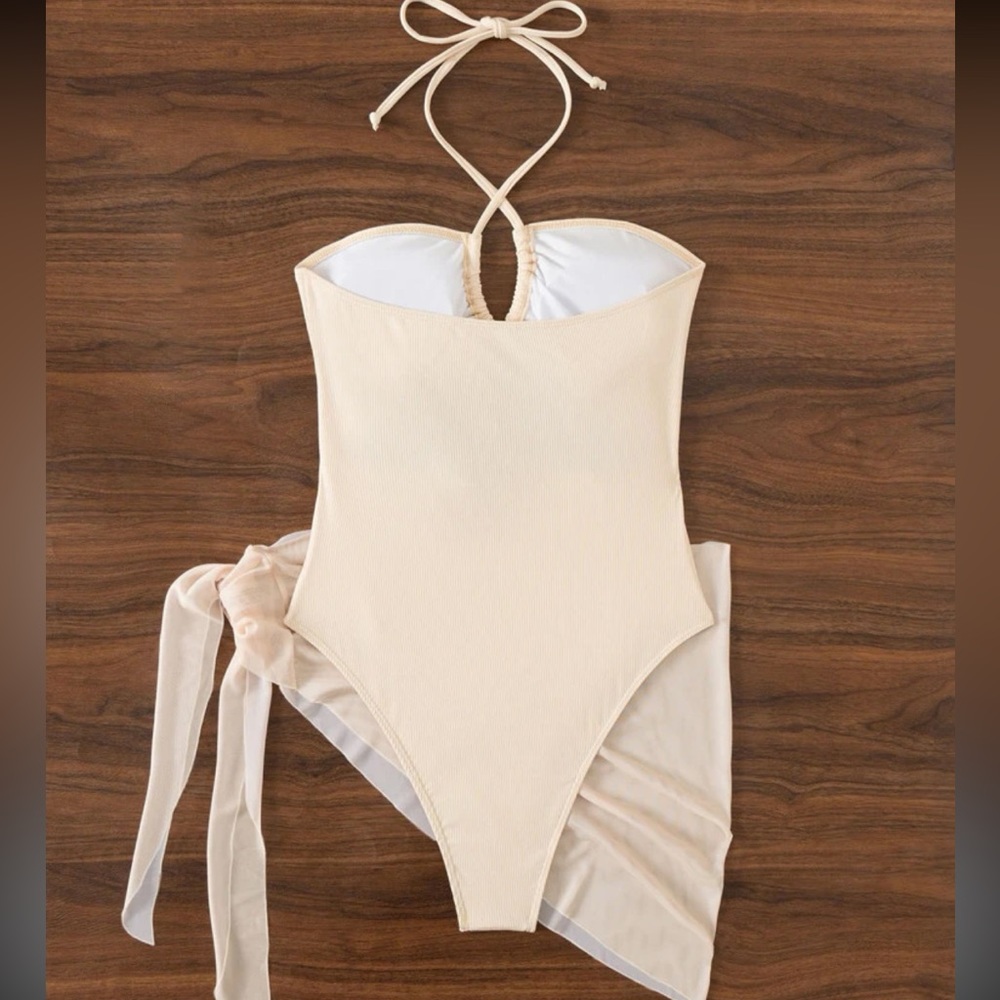 Cut-out Criss Cross Halter One Piece Swimsuit With Beach Skirt included - Picture 2 of 3
